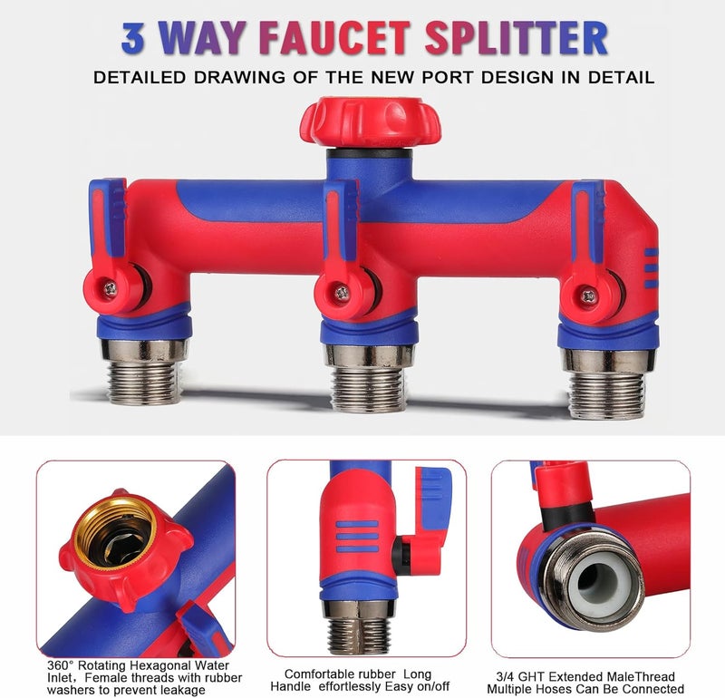 ATAOSGR 3 way Hose Splitter，Garden Hose Connector and Outdoor Faucet Splitter,with Shutoff Valves Hoses Adapter -T Water Spigot Splitter Water Pipe Connector，3/4" GHT Thread For Home Outdoor Garden（red blue） - Image 3
